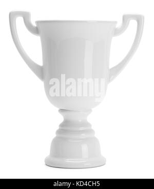 Ceramic White Trophy Cup Isolated on White Background. Stock Photo