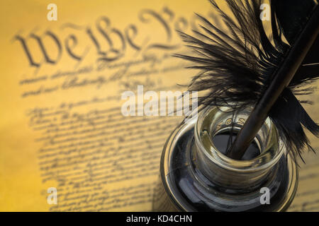 US Constitution with Feather Quill and Ink Well. Stock Photo