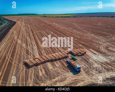 Aerial view of harvest field and hay bales Stock Photo