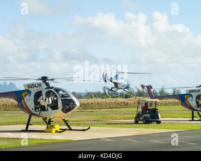 Jack Hareter Helicopters prepare for a sightseeing tour flight out of Lihue (LIH) airport, Lihue, Kauai, Hawaii. Stock Photo