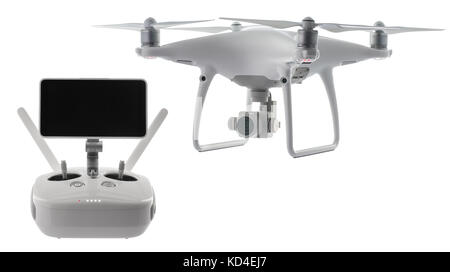 Flying drone quadcopter isolated on white background Stock Photo