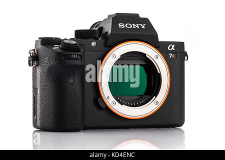 Varna, Bulgaria - February 02,2017: Image of Alpha a7R II Mirrorless Digital Camera with full-frame 42.4-megapixel Exmor R back-illuminated structure  Stock Photo