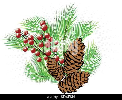 Christmas bouquet, pine branch with cones and branches with berries on white background, vector illustration Stock Vector