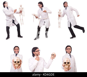 Funny teacher with skeleton isolated on white Stock Photo