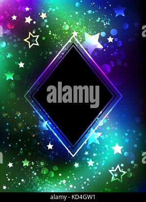 Rhombus, a black banner on a background of glowing northern lights with stars. Northern Lights. Stock Vector