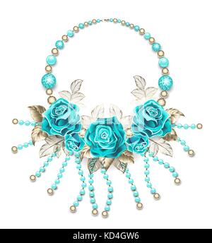 Necklace of turquoise roses, white gold leafs, turquoise and gold beads on a white background. Tiffany. Fashionable color. Turquoise rose. Design of j Stock Vector