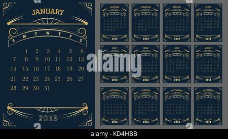 Vector of Calendar 2018 year ,12 month calendar with Gold Vintage ornamental frame,week start at Sunday Stock Vector