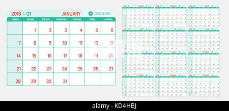 Vector of Calendar 2018 new year with light vintage green and red color in table and simple clean modern style template ,Week start at Sunday. Stock Vector