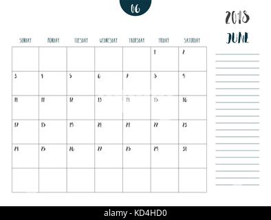 Vector of calendar 2018 ( june ) in simple clean table style with note line in earth tone color theme,full size 21 x 16 cm,Week start on Sunday Stock Vector