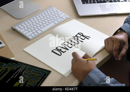 Developer Team Working Laptop Computer Mobile Application Softwareand Web Design Online Technology Content script to display Stock Photo