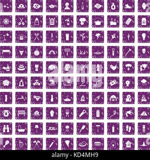 100 fire icons set grunge purple Stock Vector