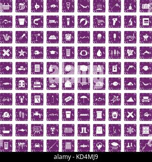 100 fish icons set grunge purple Stock Vector