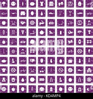 100 fitness icons set grunge purple Stock Vector