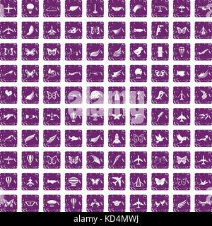 100 fly icons set grunge purple Stock Vector