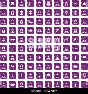 100 folk icons set grunge purple Stock Vector