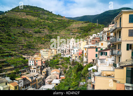 The small village of Manarola, with its colorful houses hanging to the hills alongside the main street, is one of the five town of the Cinque Terre in Stock Photo