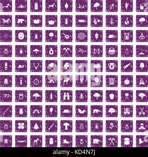 100 forest icons set grunge purple Stock Vector