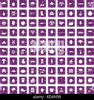 100 fruit icons set grunge purple Stock Vector