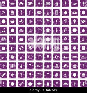 100 fruit party icons set grunge purple Stock Vector
