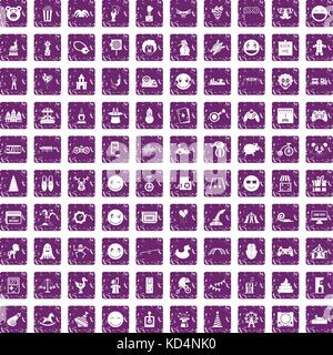 100 funny icons set grunge purple Stock Vector