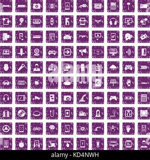100 gadget icons set grunge purple Stock Vector