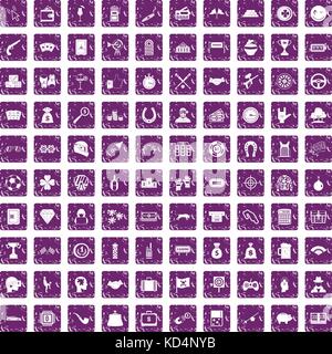 100 gambling icons set grunge purple Stock Vector