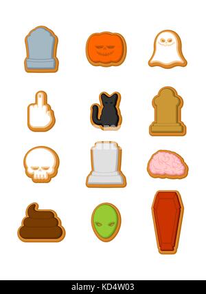 Halloween cookies set. Cookie for terrible holiday. Ghost and pumpkin. Black cat and skull. Tombstone and coffin. Vector illustration Stock Vector