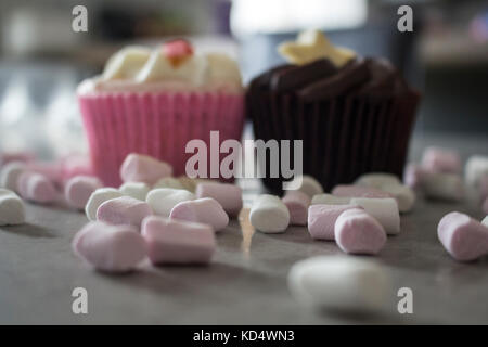 Strawberry and Chocolate Cupcakes Accompanied by Hot Chocolate with Cream and Chocolate dusting. Stock Photo