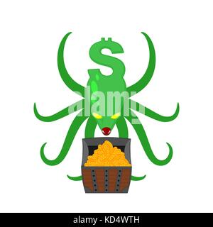Monster Dollar protects chest of bitcoins. Money Octopus Vector Illustration Stock Vector