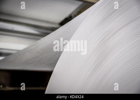 Detail Of Large White Paper Roll On Commercial Printing Press Stock Photo