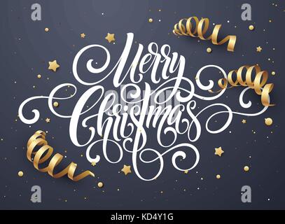 Merry Christmas handwriting script lettering. Christmas congratulatory background with streamers, confetti. Vector illustration Stock Vector