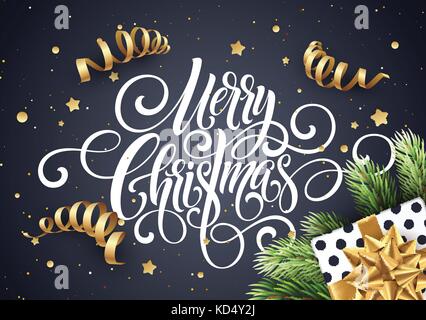 Merry Christmas handwriting script lettering. Christmas congratulatory background with a gift, streamers, confetti. Vector illustration Stock Vector