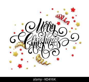 Merry Christmas handwriting script lettering. Christmas congratulatory background with streamers, confetti. Vector illustration Stock Vector