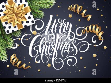 Merry Christmas handwriting script lettering. Christmas congratulatory background with a gift, streamers, confetti. Vector illustration Stock Vector