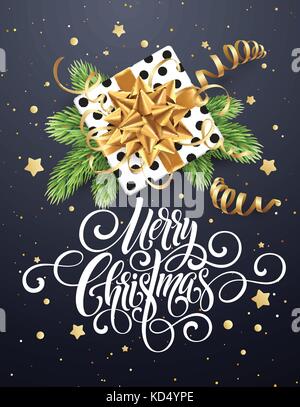 Merry Christmas handwriting script lettering. Christmas congratulatory background with a gift, streamers, confetti. Vector illustration Stock Vector