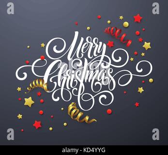 Merry Christmas handwriting script lettering. Christmas congratulatory background with streamers, confetti. Vector illustration Stock Vector