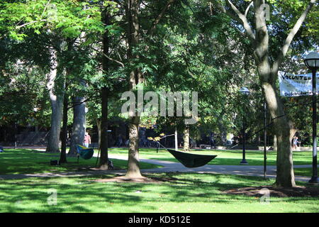 An Eno Hammock hangs in the middle of the University of Michigan diag part of campus in downtown Ann Arbor which resembles a large scenic park Stock Photo