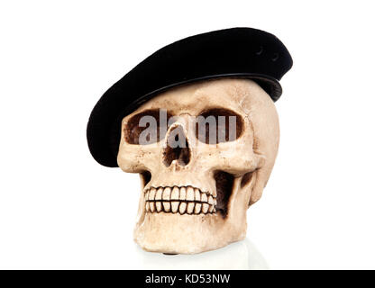 Creepy skull with a black beret isolated on white background with reflection Stock Photo