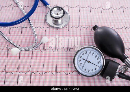 Sphygmomanometer with aneroid gauge and stethoscope with Electrocardiogram paper, still life photo. Stock Photo