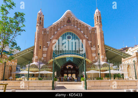 Valencia Spain market, view of the entrance to the Mercado Colon market building in the center of Valencia, Spain. Stock Photo