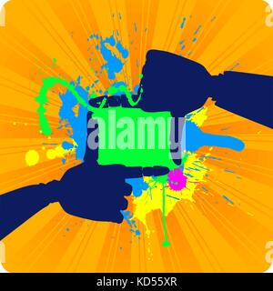 Silhouette of  grunge frame made of gold robotic hands. Stock Vector