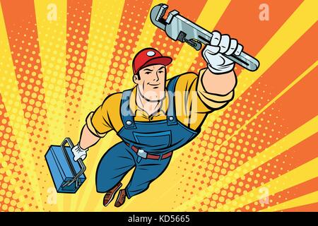 Worker plumber superhero flying. Comic book cartoon pop art retro vector illustration drawing Stock Vector