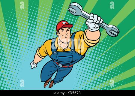 Worker plumber superhero flying. Comic book cartoon pop art retro ...