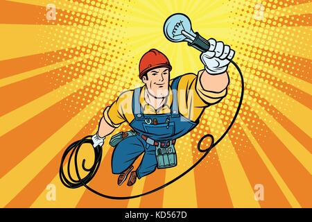 worker electrician light bulb flying superhero. Comic book cartoon pop art retro vector illustration drawing Stock Vector