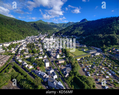 Aerial view of the thermal resort of Mont-Dore in the Sancy massif, Massif Central mountain range Stock Photo