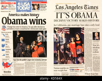 Newspaper front page headlines on Obama's first victory. USA TODAY and the LA Times on Nov. 5, 2008. Sold as souvenirs at inauguration in Wash DC. Stock Photo