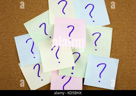A yellow sticky note writing, caption, inscription Pile of colorful paper notes with question marks. Closeup. Stock Photo