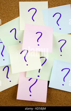 A yellow sticky note writing, caption, inscription Pile of colorful paper notes with question marks. Closeup. Stock Photo