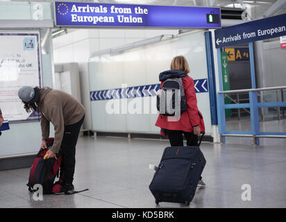 Travellers arriving from the European Union at London Stansted Airport, in Essex. PRESS ASSOCIATION Photo. Picture date: Thursday September 21, 2017. Photo credit should read: Yui Mok/PA Wire Stock Photo