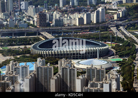 The Olympic stadium and the Jamsil arena as seen from the top of the Lotte world tower in Seoul. Stock Photo